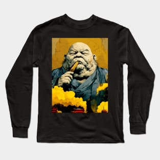 Puff Sumo: Smoking a Fat Robusto Cigar on a Dark Background Long Sleeve T-Shirt